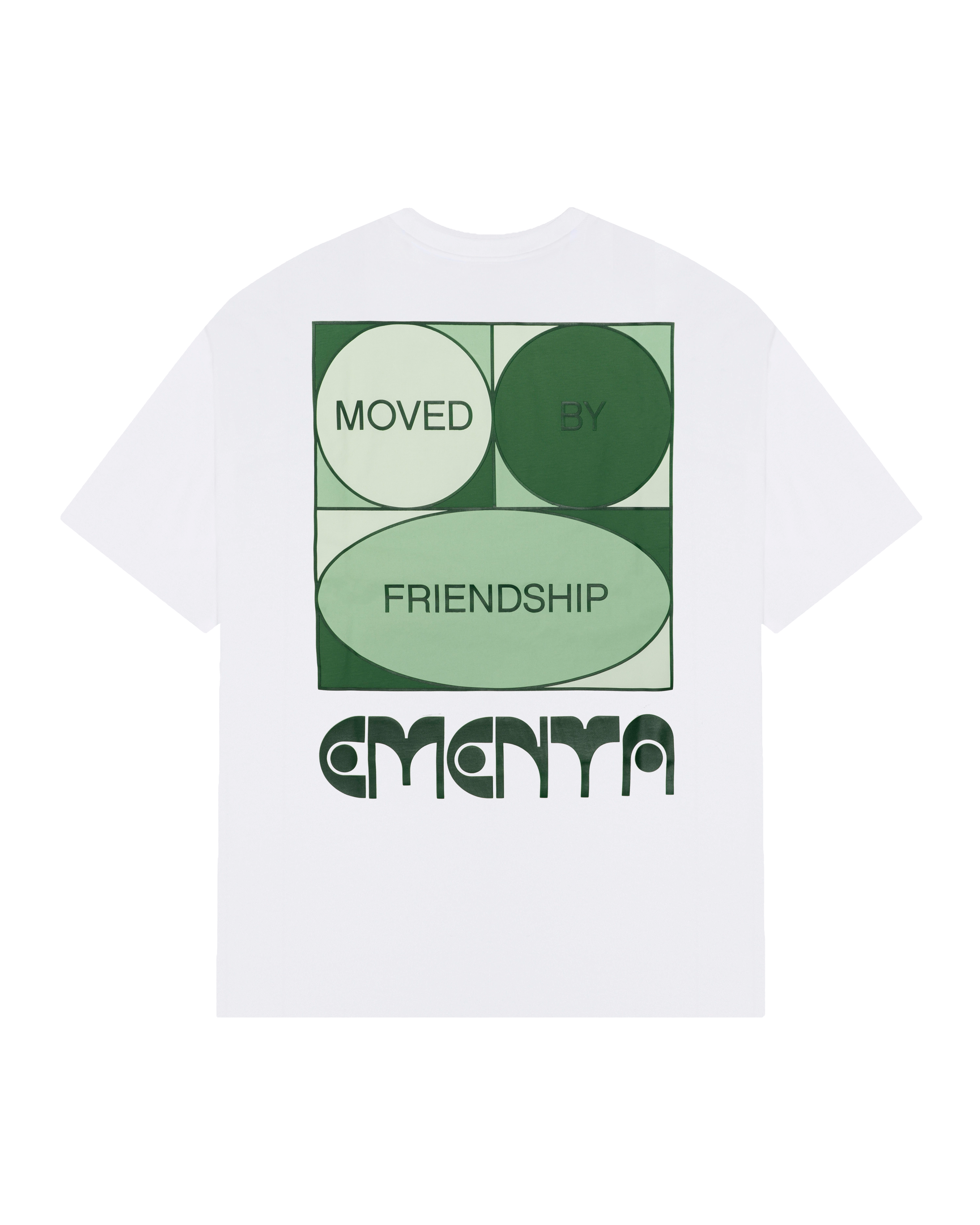 100% Cotton (220gsm)
Heavyweight cotton fabric with soft hand-feel
Boxy, relaxed fit with dropped shoulders
Ribbed crewneck collar
Screen-printed graphic on front and back
Artwork celebrates friendship and unity
"EMENTA© Moved By Friendship" motto on the back
Double-stitched hems for durability
Made in Portugal