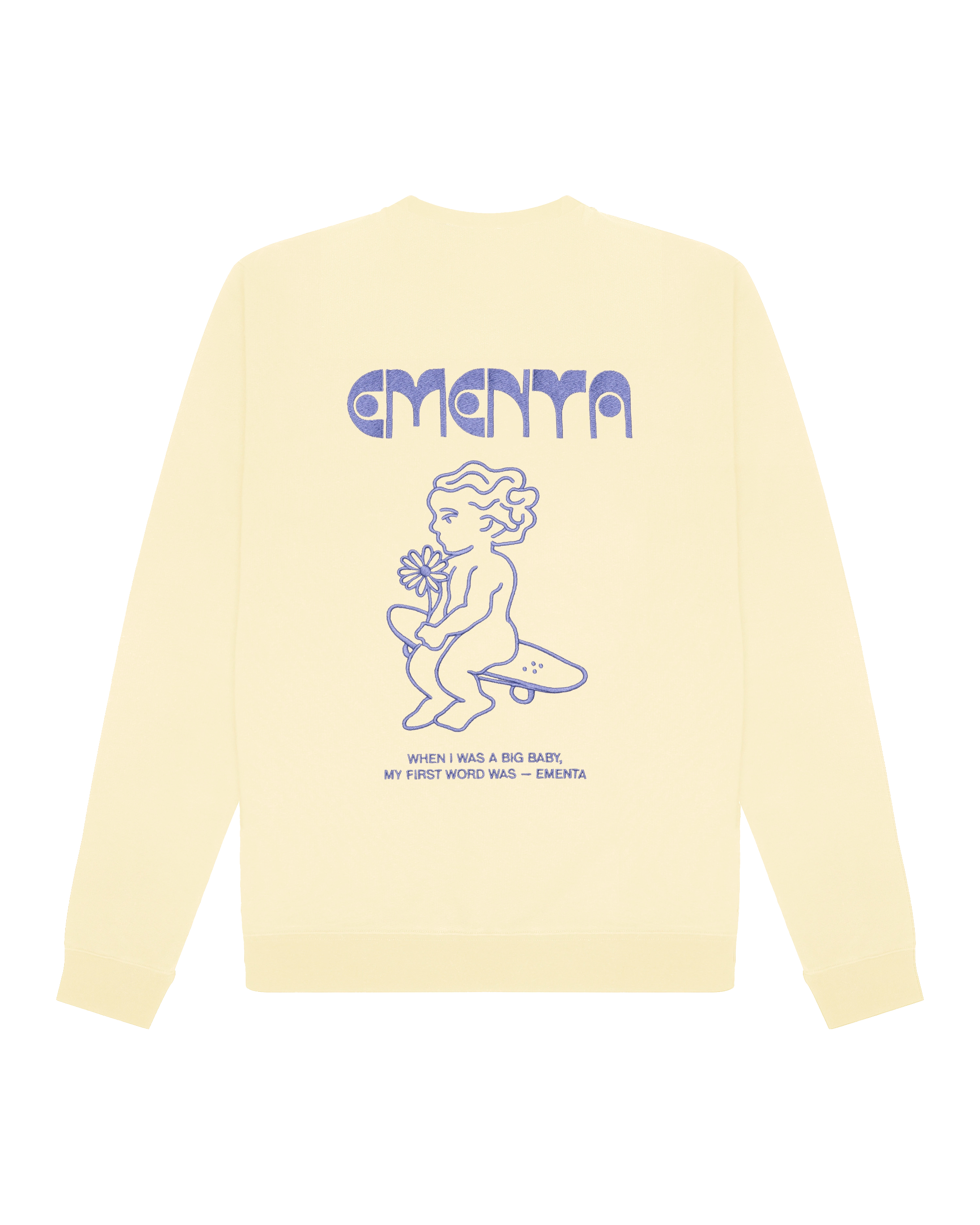 Heavy organic cotton fabric
100% Cotton
Fleece interior for added comfort
Designed for durability and long-lasting wear
First Word design embroidery on the back: "When I was a big baby, my first word was - EMENTA"
Natural texture and weight
Comfortable fit for everyday wear
Limited Edition
Made in Portugal