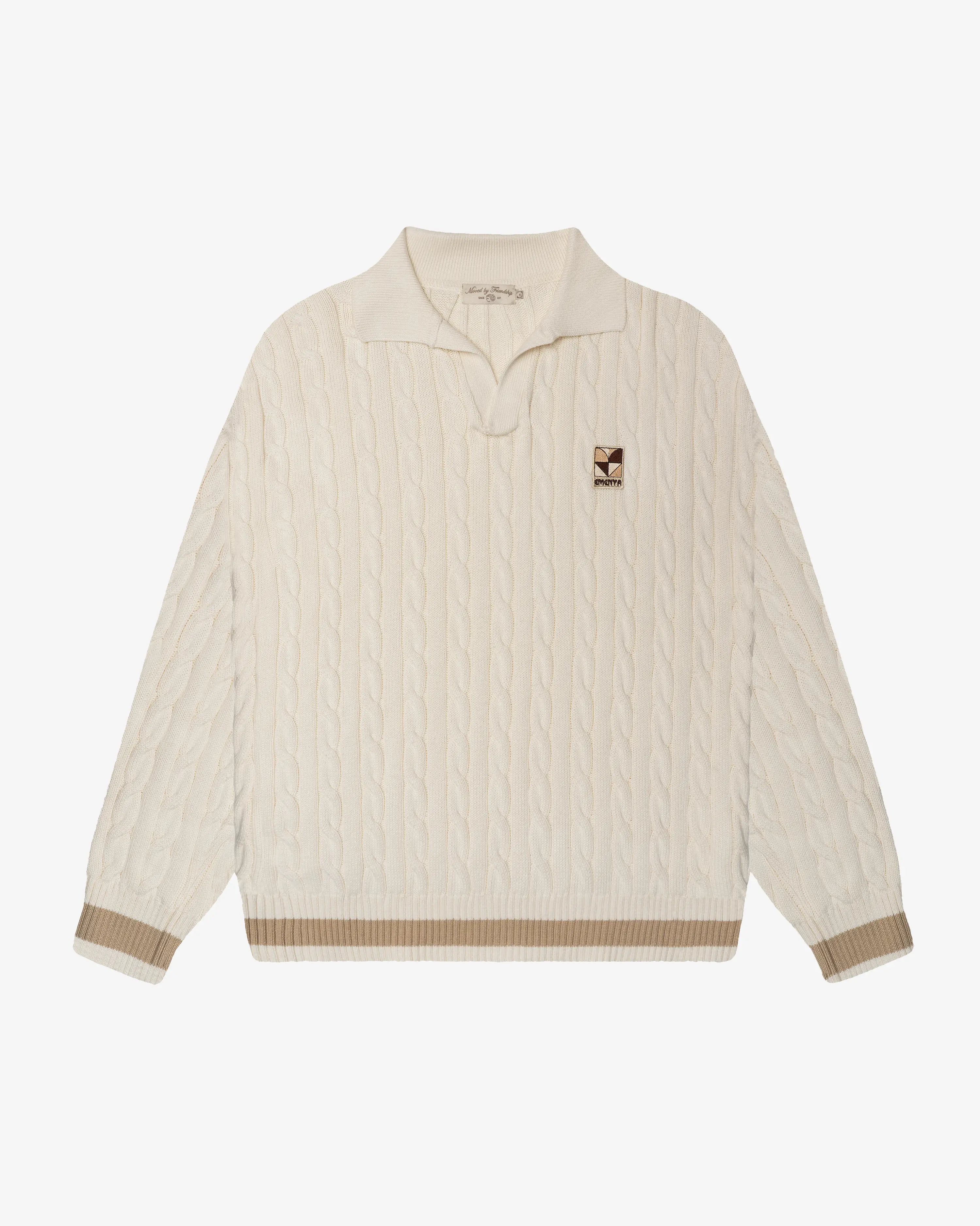 Off white cotton cable knit polo with heart logo patch on chest