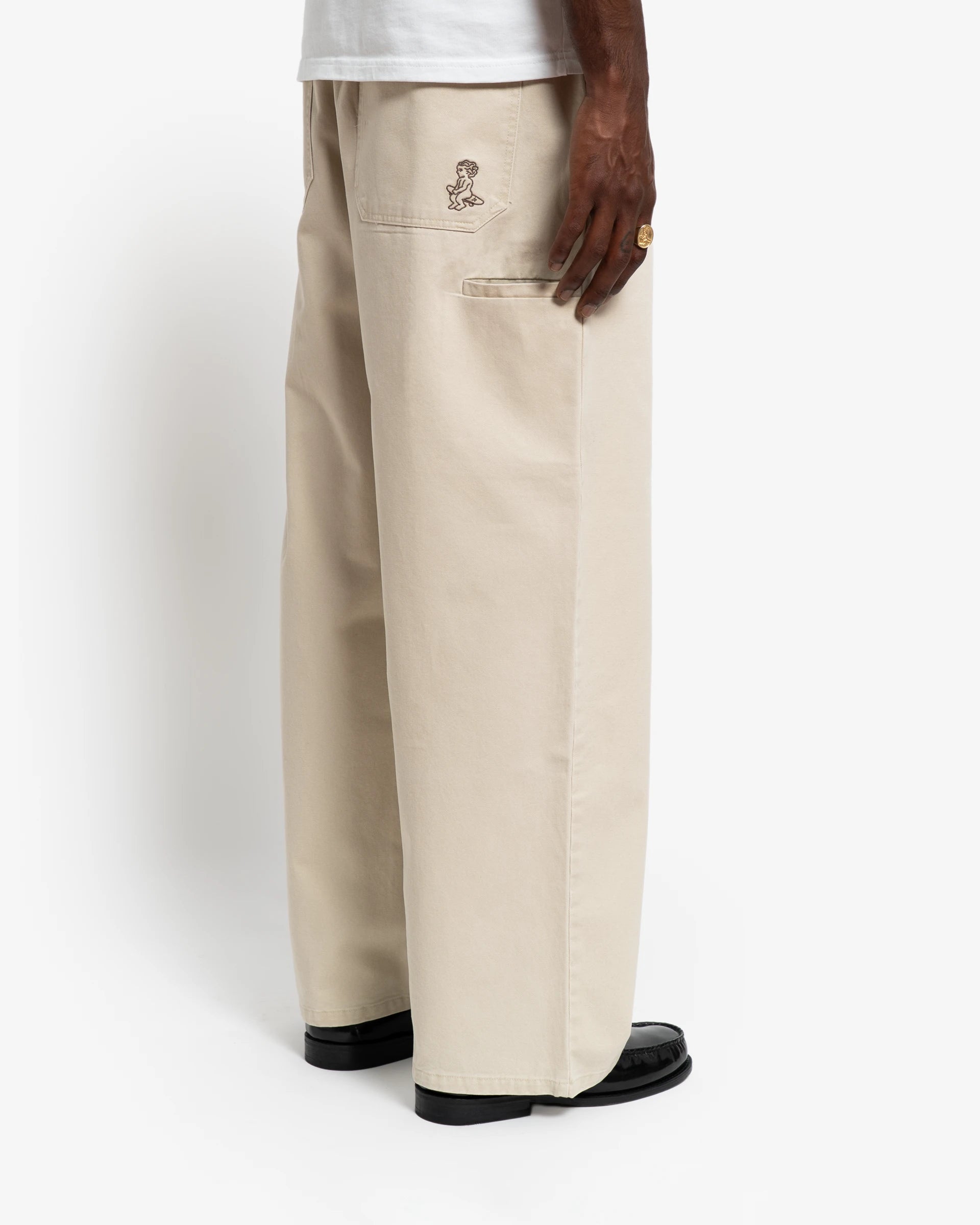 Off White cotton twill elastic pants with tonal front embroidery