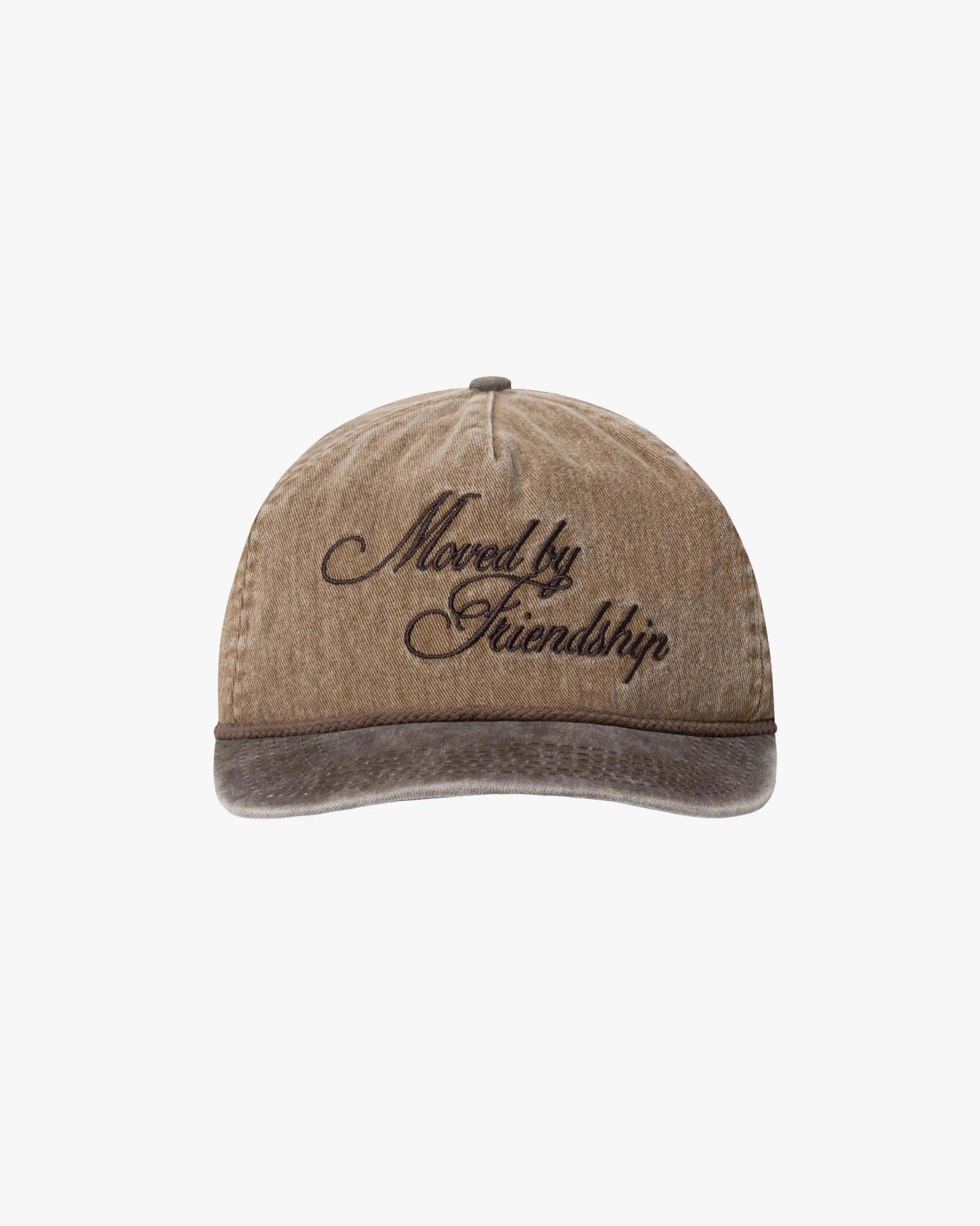 Brown washed cotton six panel cap with script embroidery and rope detail on brim